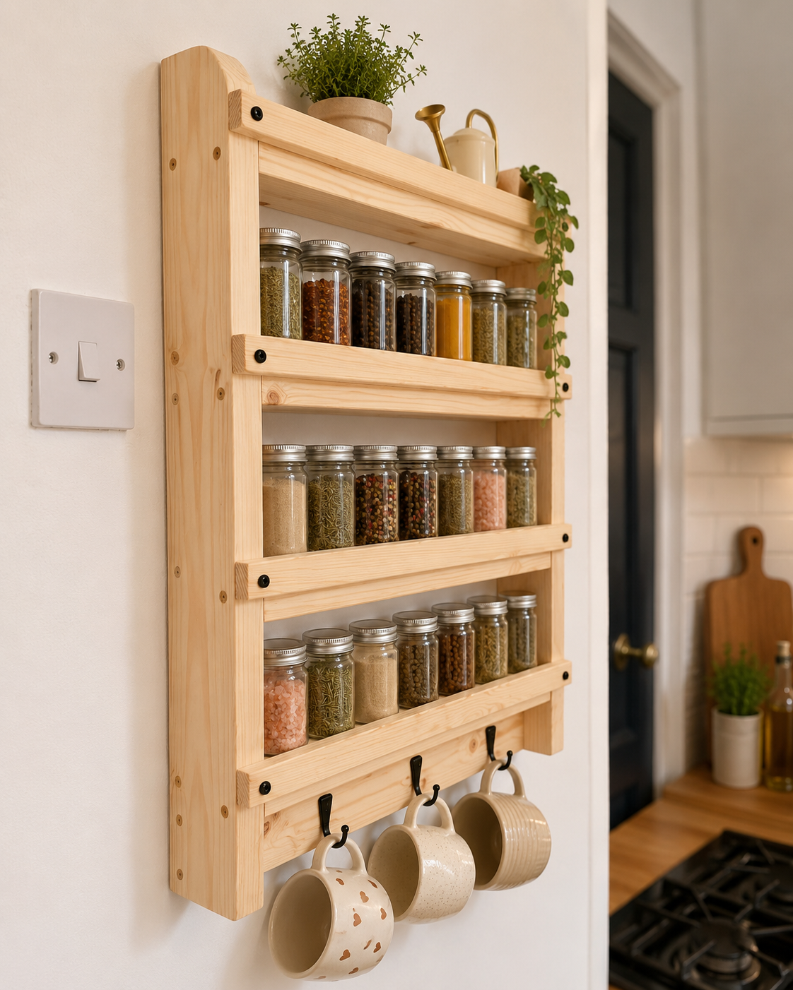 Wooden Spice Rack with Hooks | Wall Mounted Kitchen Shelf | FRYDECO