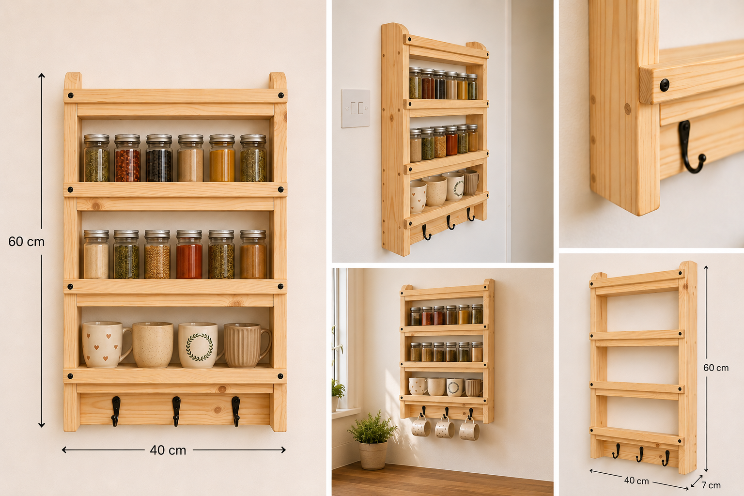 Wooden Spice Rack with Hooks | Wall Mounted Kitchen Shelf | FRYDECO