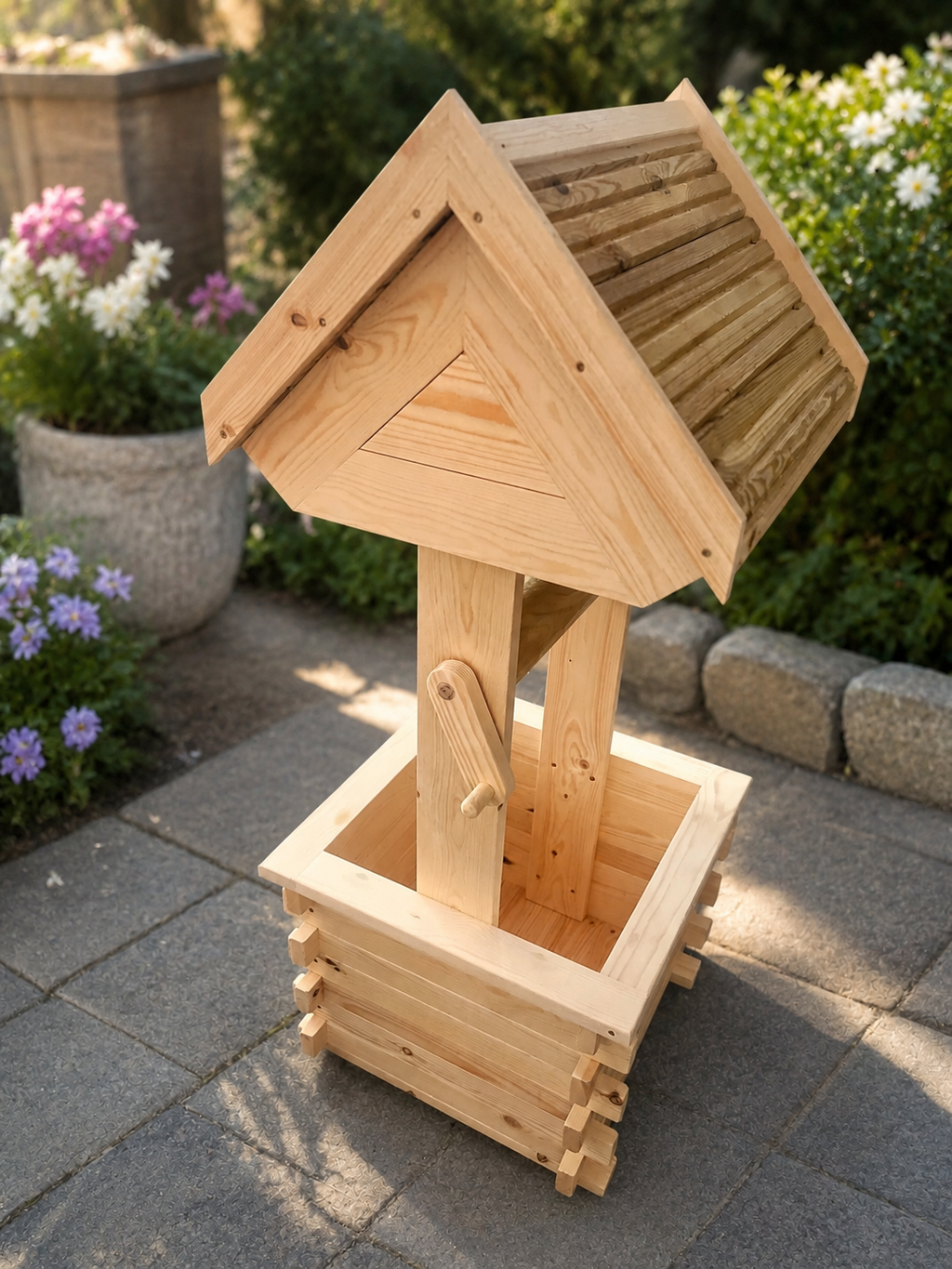 Handmade Solid Pine Wishing Well Planter – Rustic Garden Feature