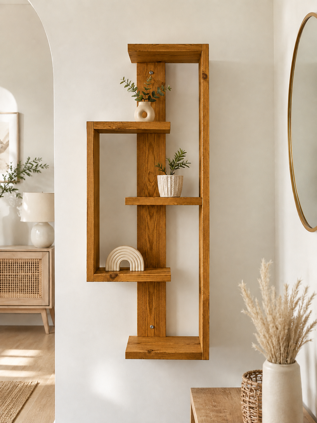 Geometric Pine Wall Shelf – Handmade Asymmetrical Display