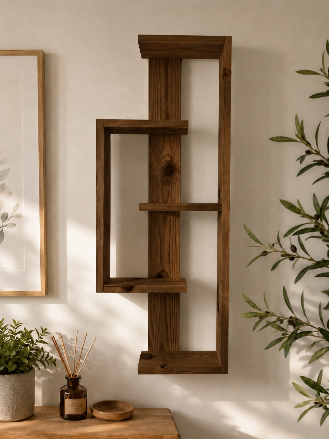 Geometric Pine Wall Shelf – Handmade Asymmetrical Display