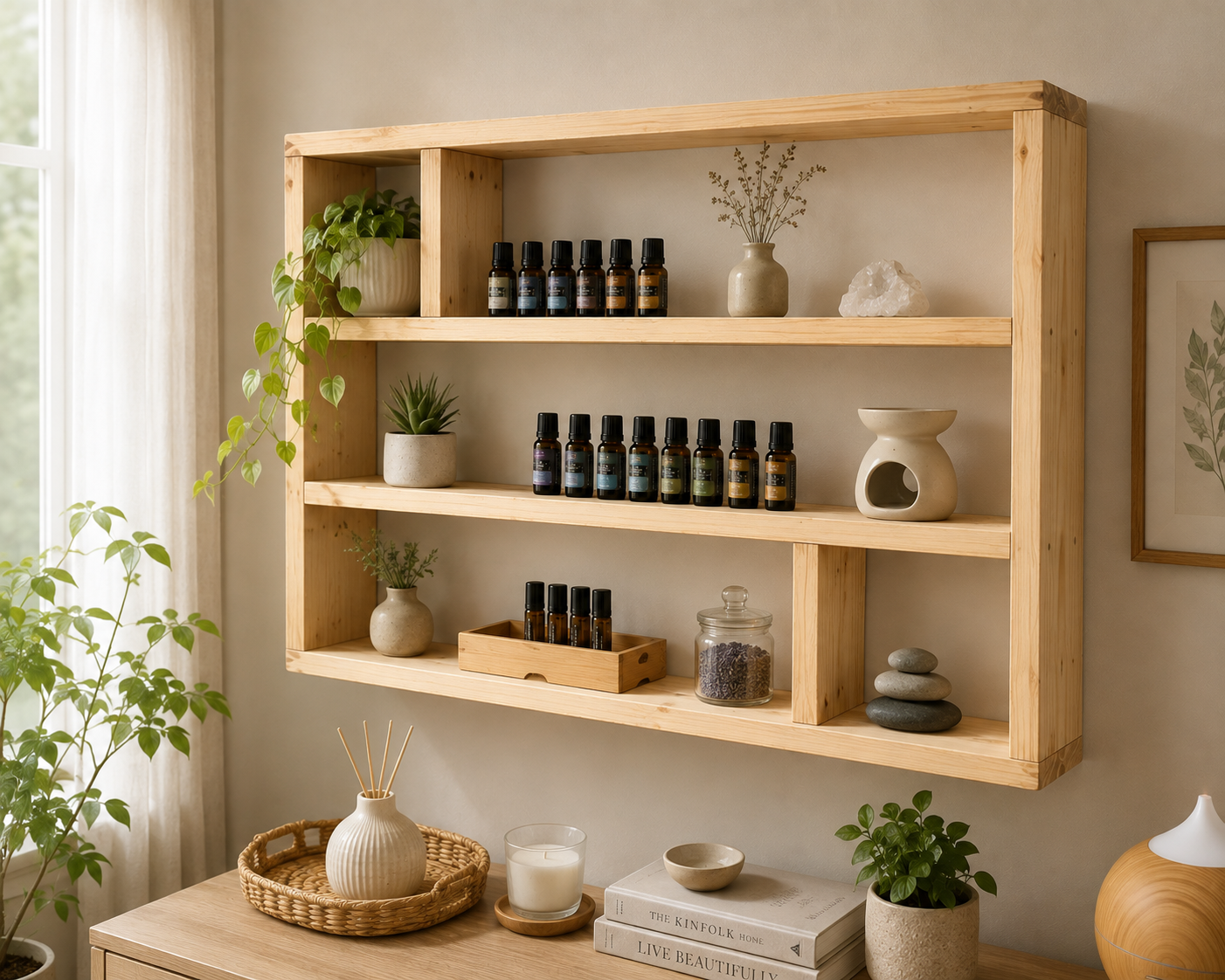 Essential Oil Shelf, Wide Wooden Wall Display Shelf, Essential Oil Storage Rack, Rustic Aromatherapy Organiser | FRYDECO