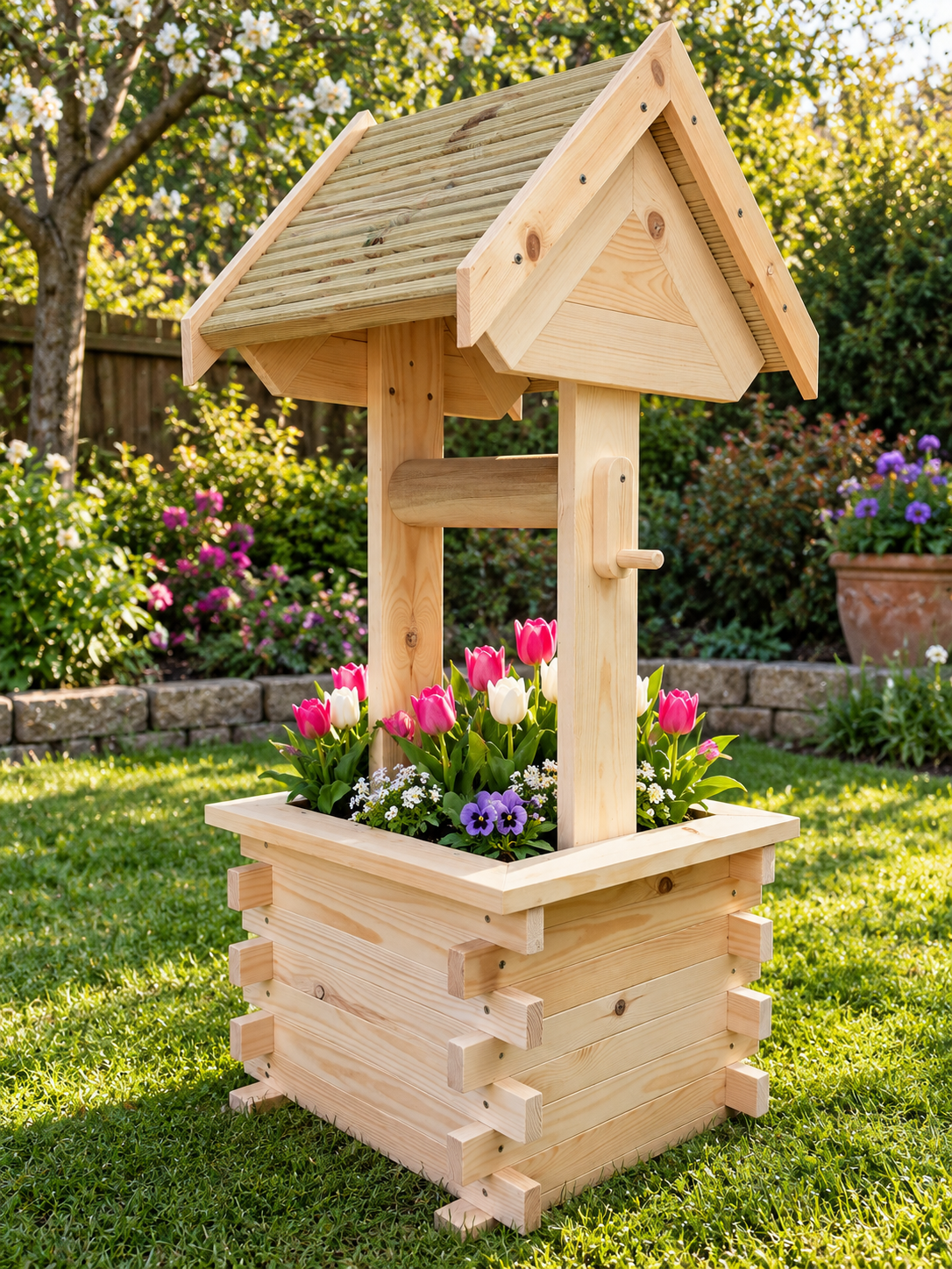 Handmade Solid Pine Wishing Well Planter – Rustic Garden Feature
