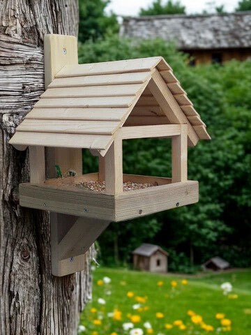 Wooden Bird Feeder with Pitched Roof - Handcrafted Bird House | FRYDECO