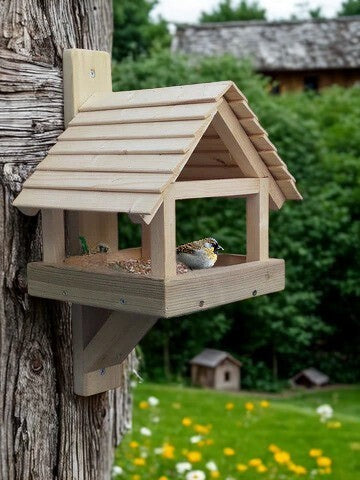 Wooden Bird Feeder with Pitched Roof - Handcrafted Bird House | FRYDECO