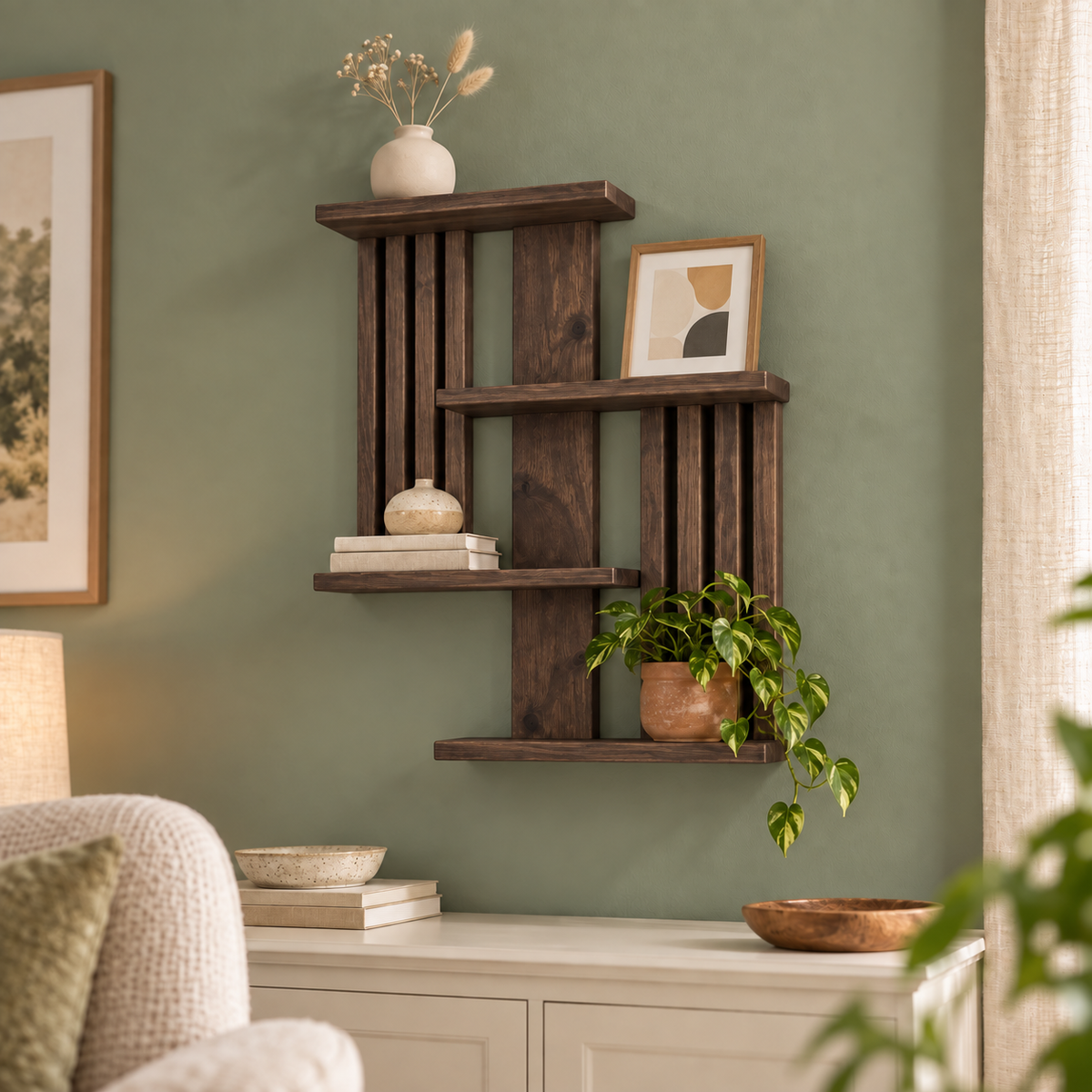 Handmade Geometric Pine Wall Shelf, Modern Rustic Plant Display (60cm Height)