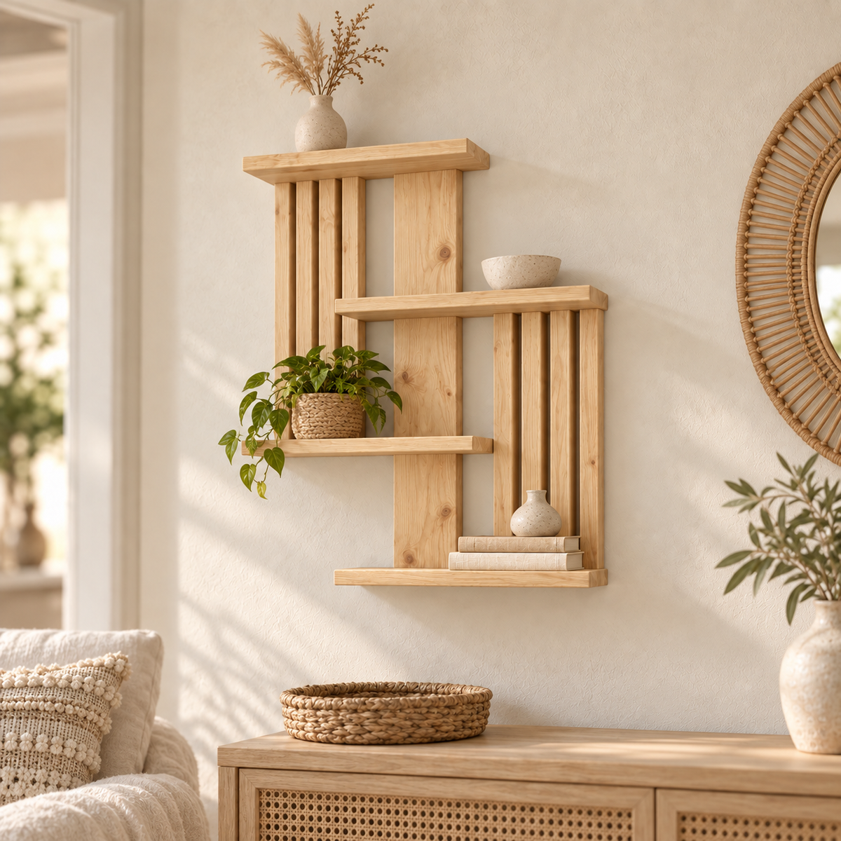 Handmade Geometric Pine Wall Shelf, Modern Rustic Plant Display (60cm Height)