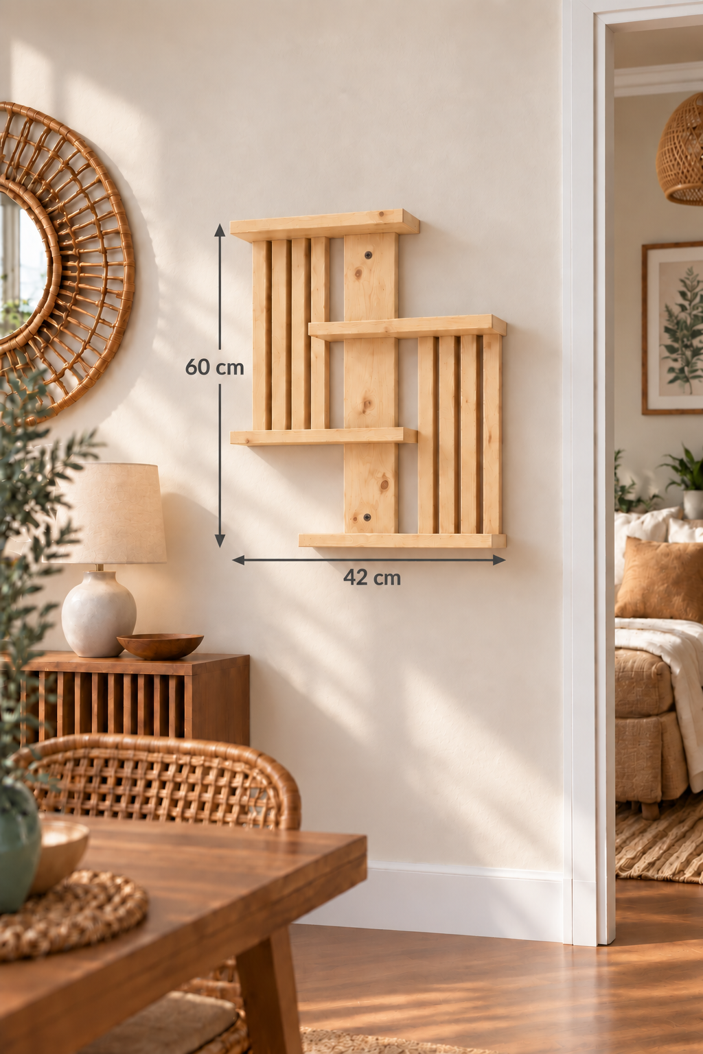 Handmade Geometric Pine Wall Shelf, Modern Rustic Plant Display (60cm Height)