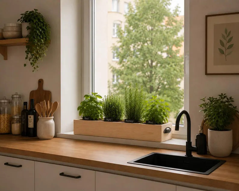 Wooden Herb Box Planter | Kitchen Windowsill Indoor Garden | Rustic Farmhouse Style