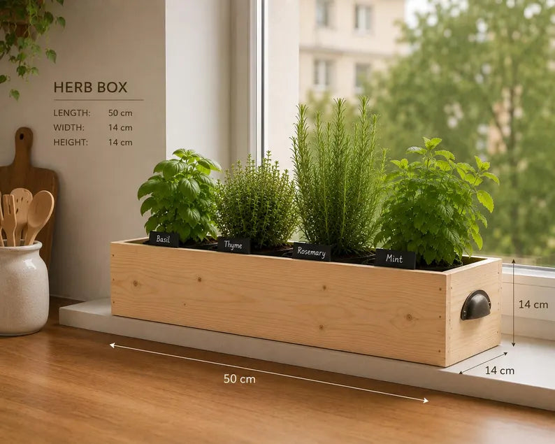 Wooden Herb Box Planter | Kitchen Windowsill Indoor Garden | FRYDECO