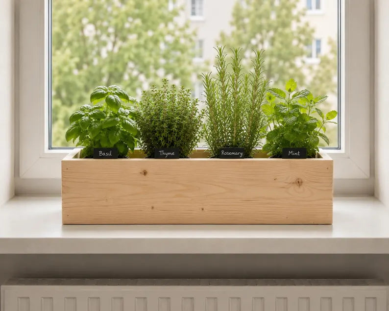 Wooden Herb Box Planter | Kitchen Windowsill Indoor Garden | Rustic Farmhouse Style