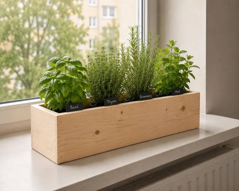 Wooden Herb Box Planter | Kitchen Windowsill Indoor Garden | Rustic Farmhouse Style