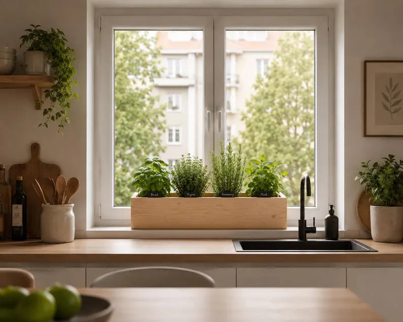 Wooden Herb Box Planter | Kitchen Windowsill Indoor Garden | Rustic Farmhouse Style