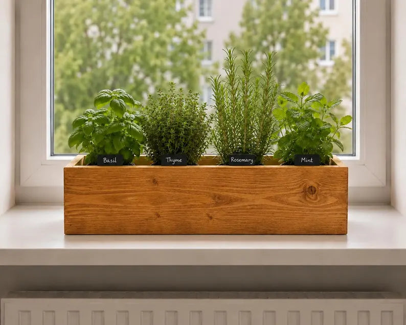 Wooden Herb Box Planter | Kitchen Windowsill Indoor Garden | Rustic Farmhouse Style