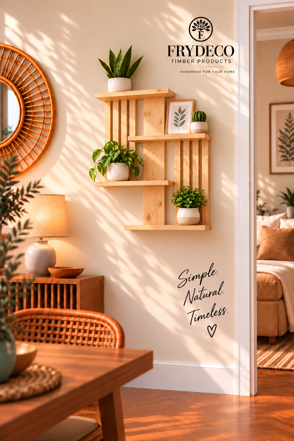 Handmade Geometric Pine Wall Shelf, Modern Rustic Plant Display (60cm Height)