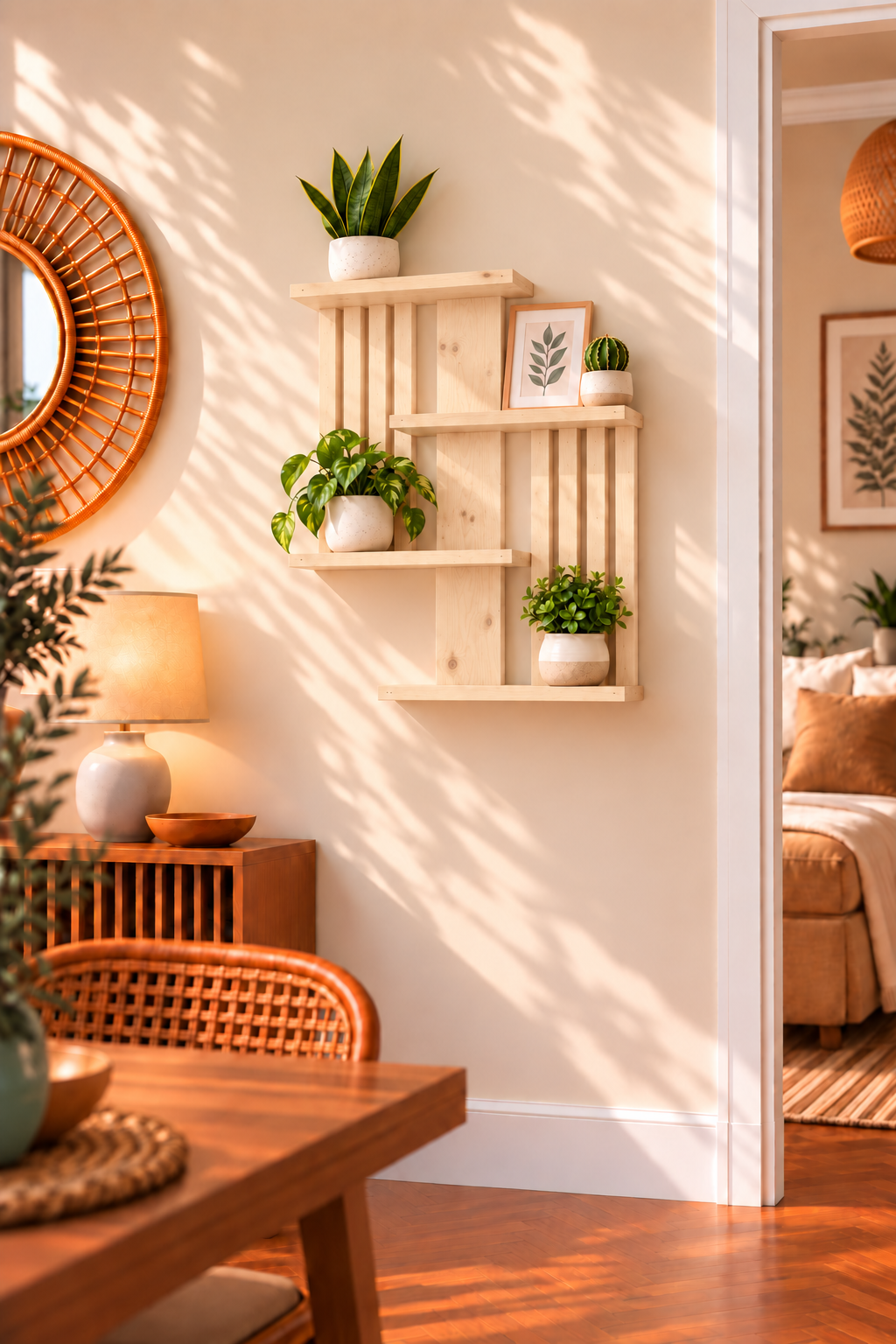 Handmade Geometric Pine Wall Shelf, Modern Rustic Plant Display (60cm Height)