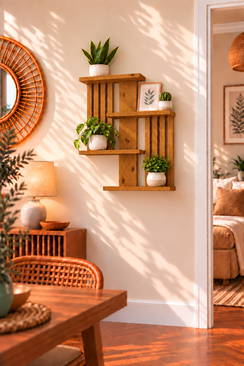 Handmade Geometric Pine Wall Shelf, Modern Rustic Plant Display (60cm Height)
