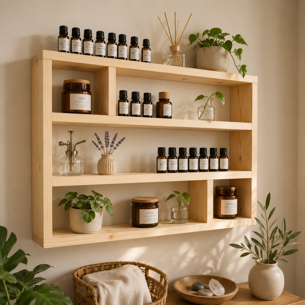 Essential Oil Shelf, Wide Wooden Wall Display Shelf, Essential Oil Storage Rack, Rustic Aromatherapy Organiser | FRYDECO