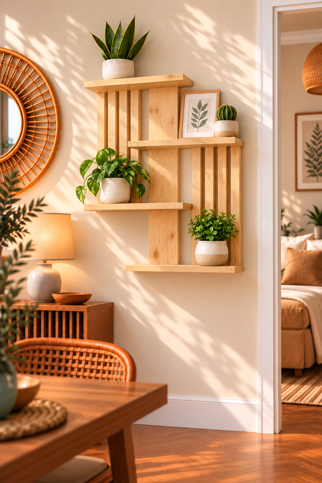 Handmade Geometric Pine Wall Shelf, Modern Rustic Plant Display (60cm Height)