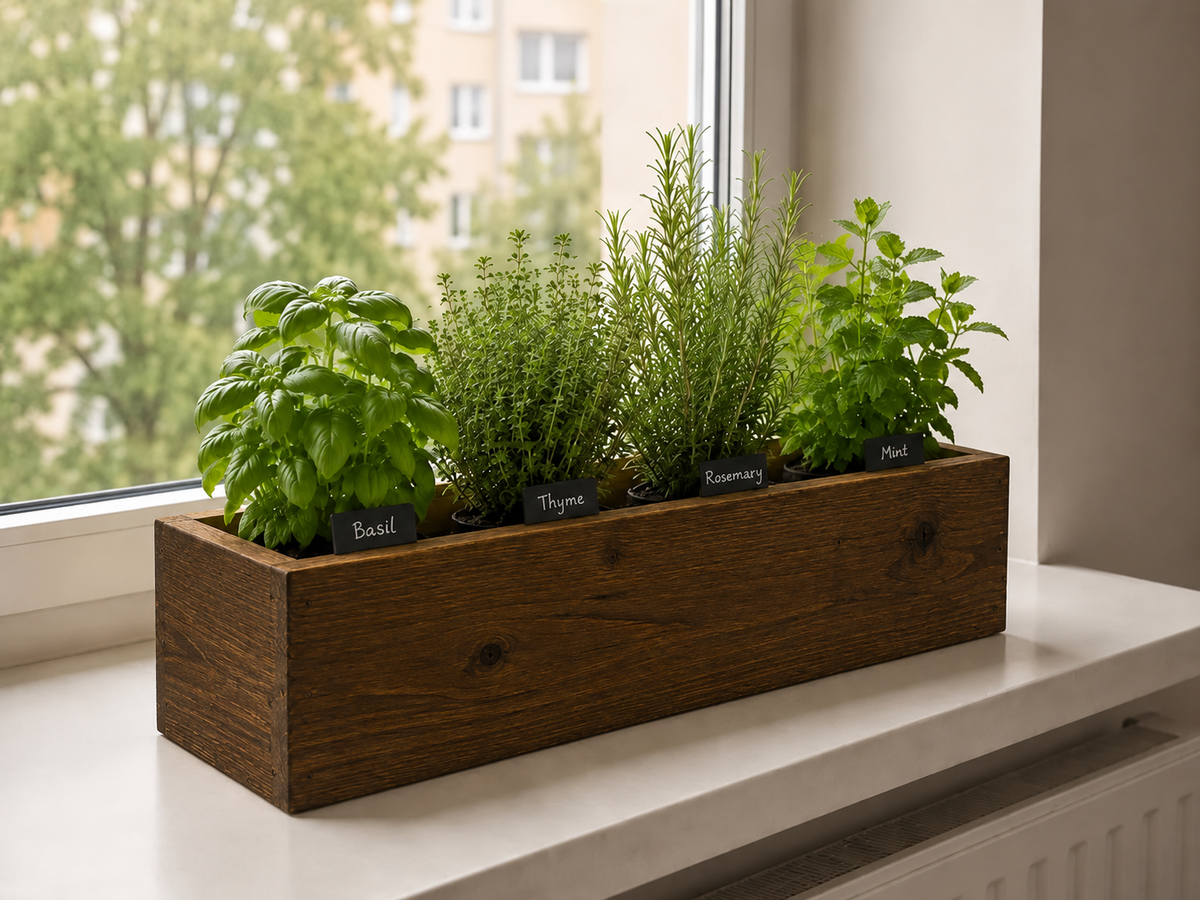 Wooden Herb Box Planter | Kitchen Windowsill Indoor Garden | Rustic Farmhouse Style