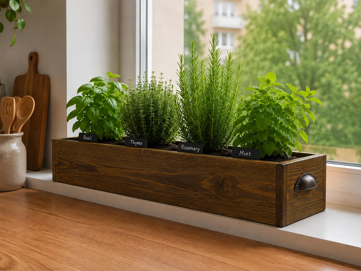 Wooden Herb Box Planter | Kitchen Windowsill Indoor Garden | Rustic Farmhouse Style