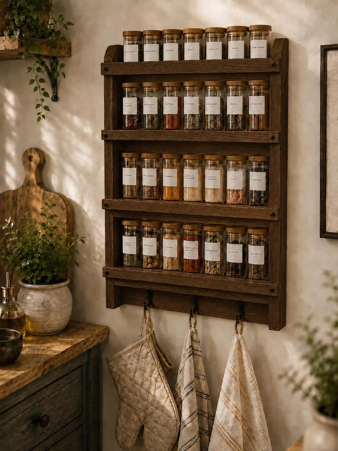 Wooden Spice Rack with Hooks | Handmade Wall Mounted Kitchen Shelf | Rustic Spice Organizer | Solid Pine Storage Shelf