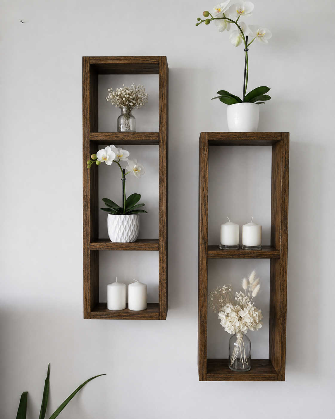 Asymmetric Wooden Wall Shelves Set of 2, Rustic Plant Display Shelves, Geometric Pine Wall Decor | FRYDECO