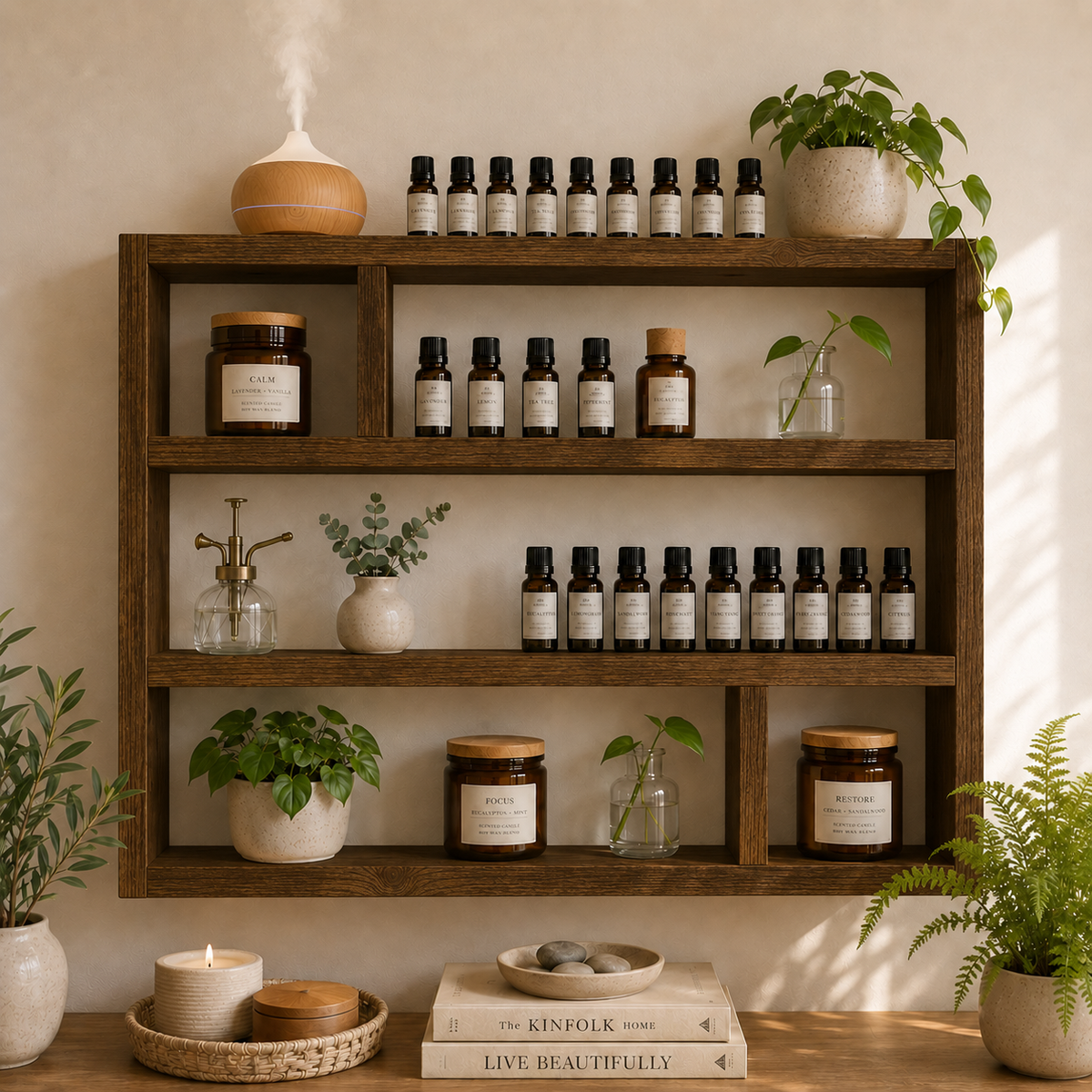Essential Oil Shelf, Wide Wooden Wall Display Shelf, Essential Oil Storage Rack, Rustic Aromatherapy Organiser | FRYDECO