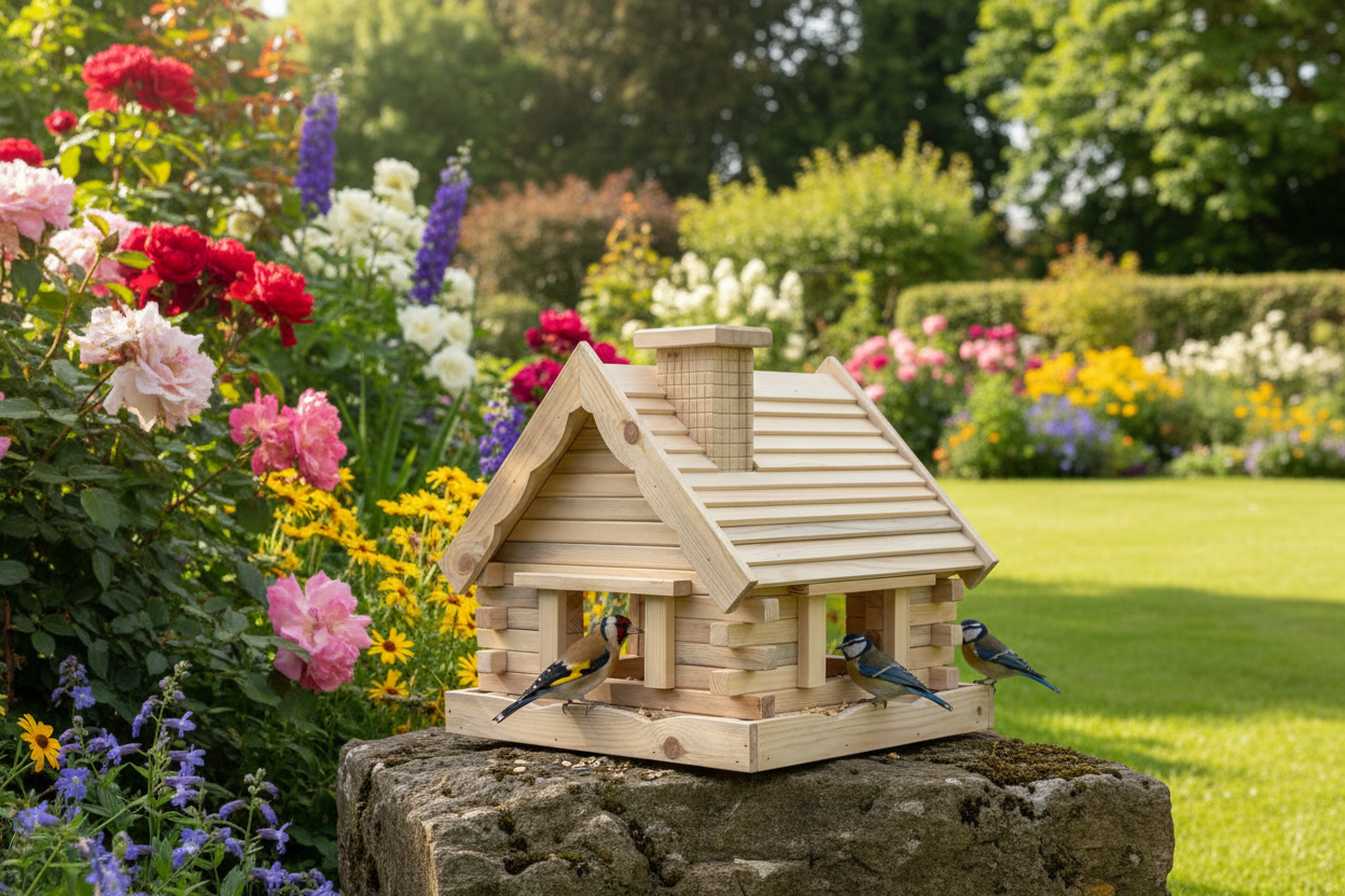 Drewniany karmnik dla ptaków na niskim murku - poprawione proporcje