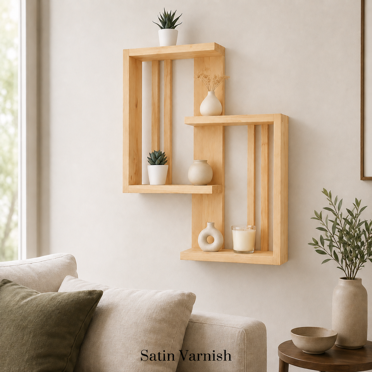 Geometric Solid Pine Wall Shelf Modern Scandinavian Decor Handmade