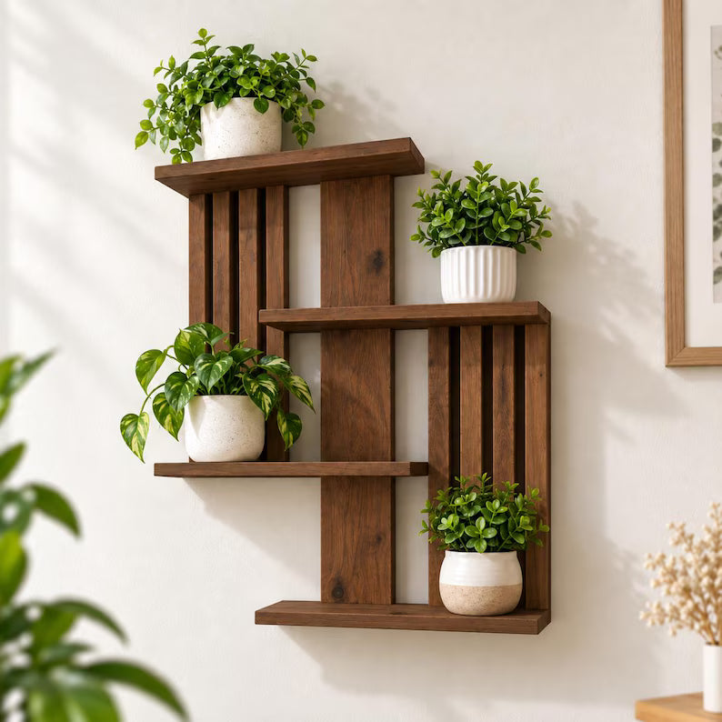 Handmade Geometric Pine Wall Shelf, Modern Rustic Plant Display (60cm Height)