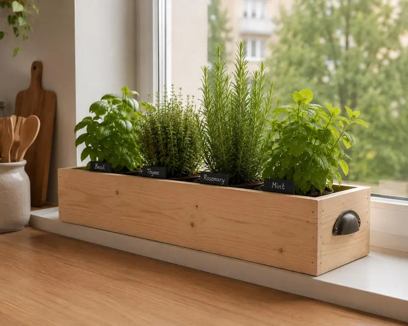 Wooden Herb Box Planter | Kitchen Windowsill Indoor Garden | Rustic Farmhouse Style