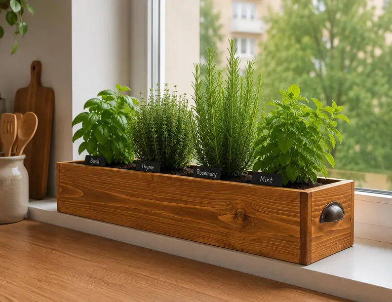 Wooden Herb Box Planter | Kitchen Windowsill Indoor Garden | Rustic Farmhouse Style