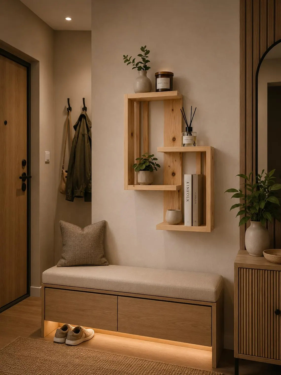 Geometric Solid Pine Wall Shelf Modern Scandinavian Decor Handmade