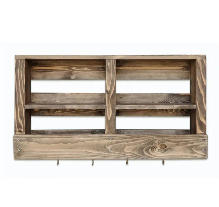 Large Rustic Wall Shelf with Hooks - Reclaimed Wood Organizer | FRYDECO