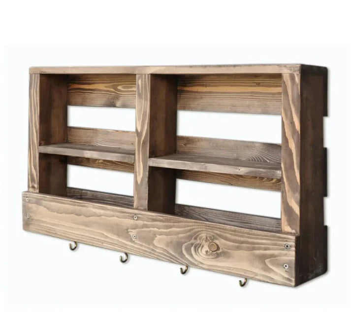 Large Rustic Wall Shelf with Hooks - Reclaimed Wood Organizer | FRYDECO