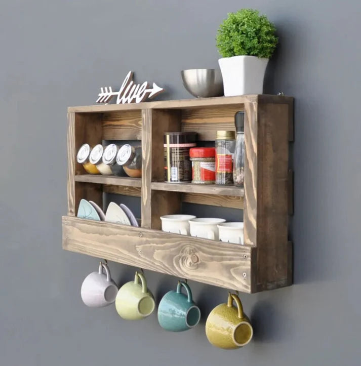 Large Rustic Wall Shelf with Hooks - Reclaimed Wood Organizer | FRYDECO