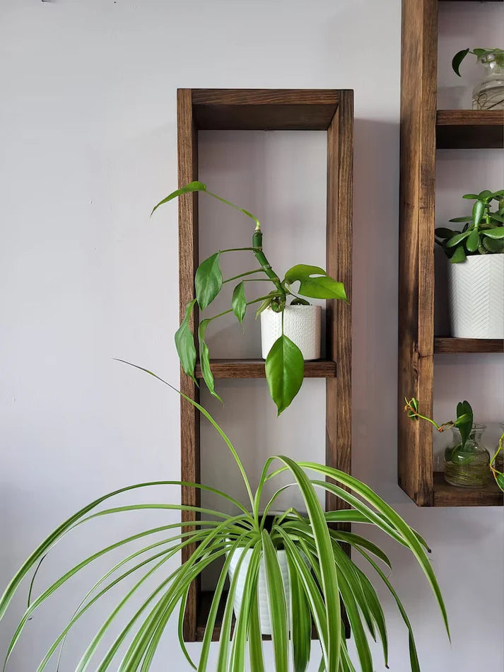 Asymmetric Wooden Wall Shelf Set of 2 - Rustic Plant Shelves | FRYDECO