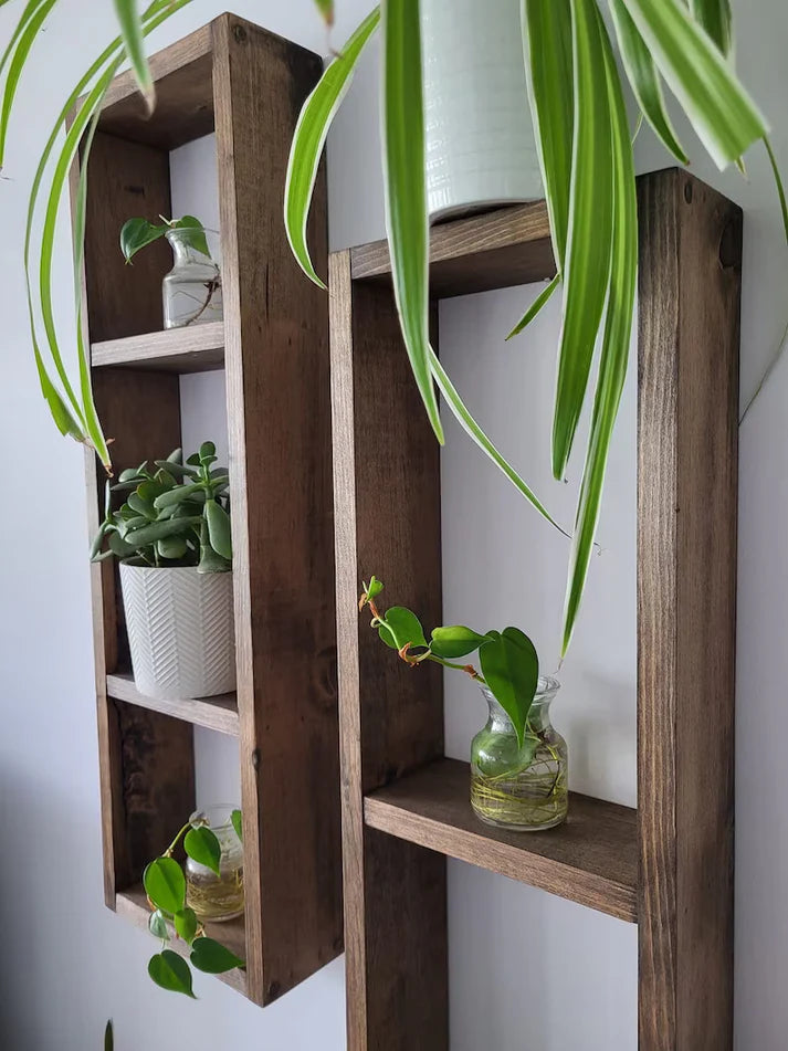 Asymmetric Wooden Wall Shelf Set of 2 - Rustic Plant Shelves | FRYDECO