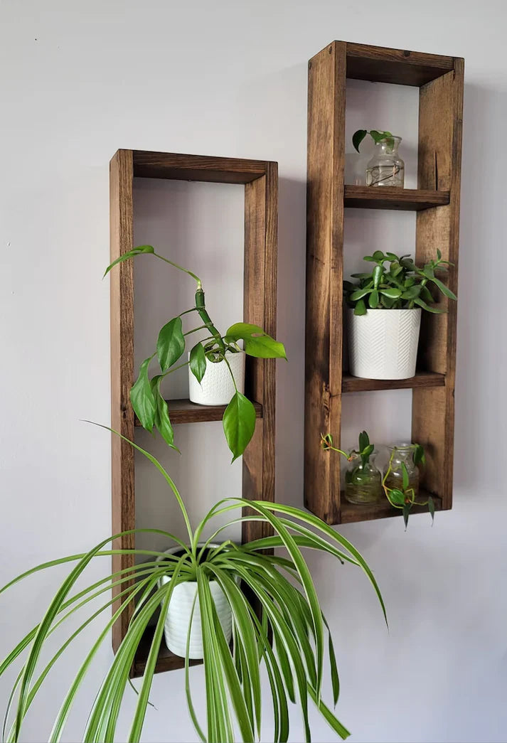 Asymmetric Wooden Wall Shelf Set of 2 - Rustic Plant Shelves | FRYDECO