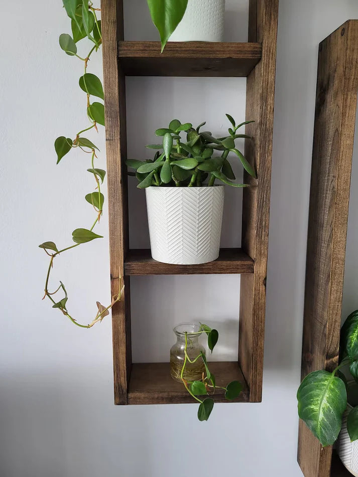 Asymmetric Wooden Wall Shelf Set of 2 - Rustic Plant Shelves | FRYDECO