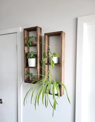 Asymmetric Wooden Wall Shelf Set of 2 - Rustic Plant Shelves | FRYDECO