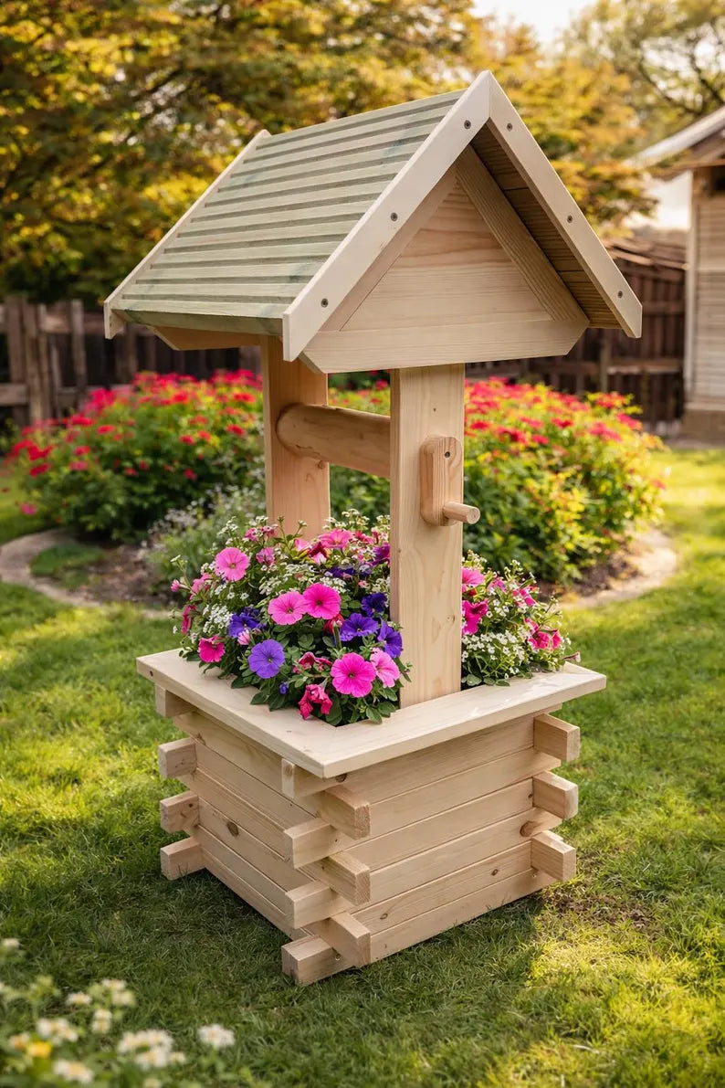 Handmade Solid Pine Wishing Well Planter – Rustic Garden Feature, UK Made