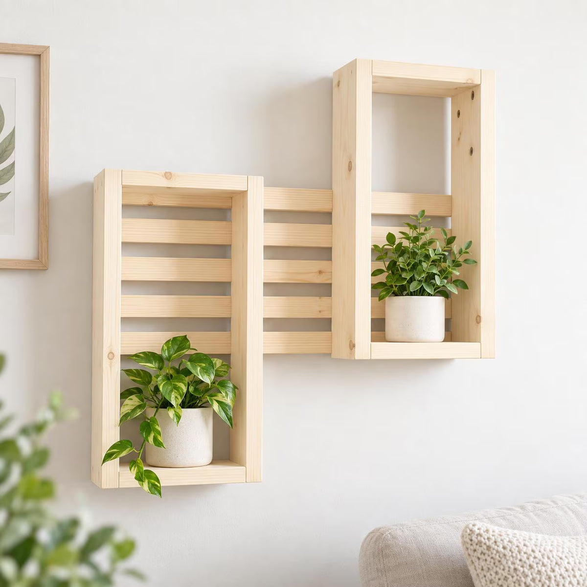 Handmade Vertical Interlocking Pine Shelf, 60cm Square Plant Display, Multiple Finishes
