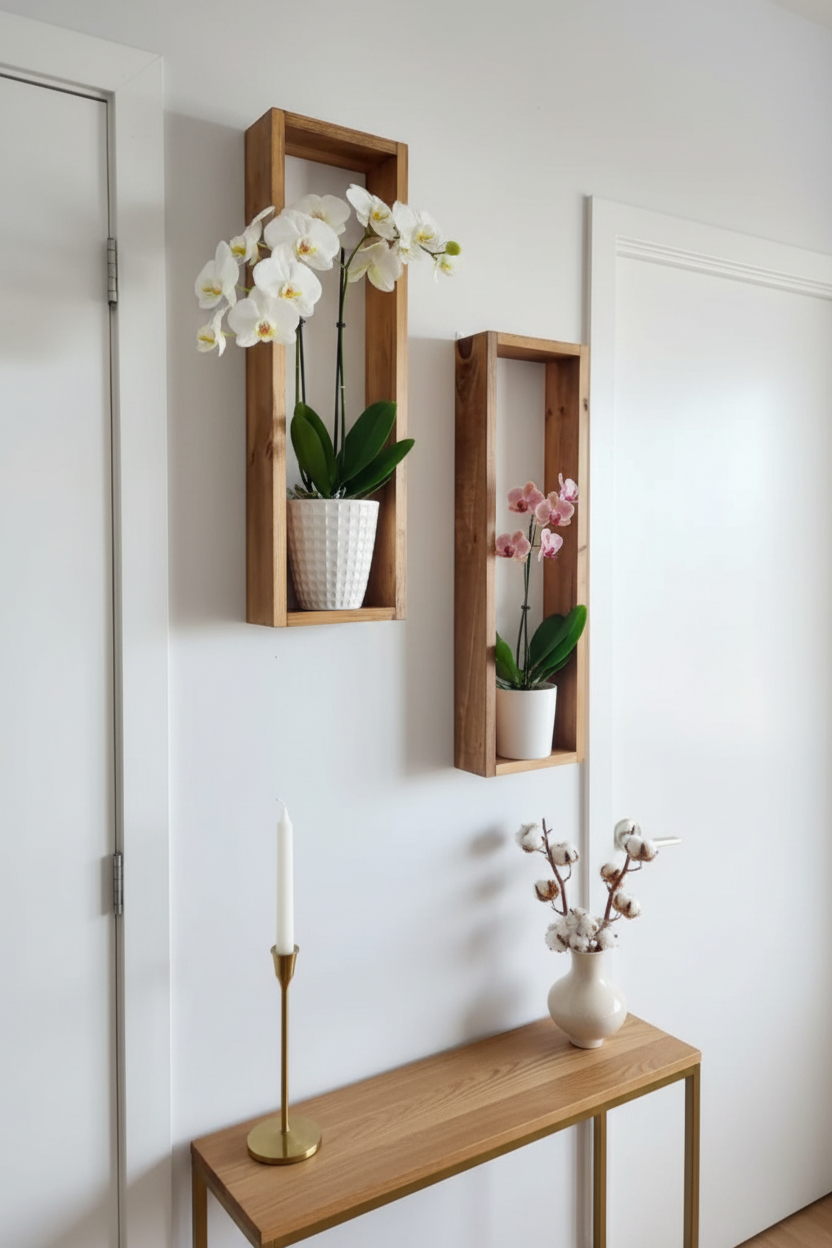 Wooden wall shelves with orchid decoration