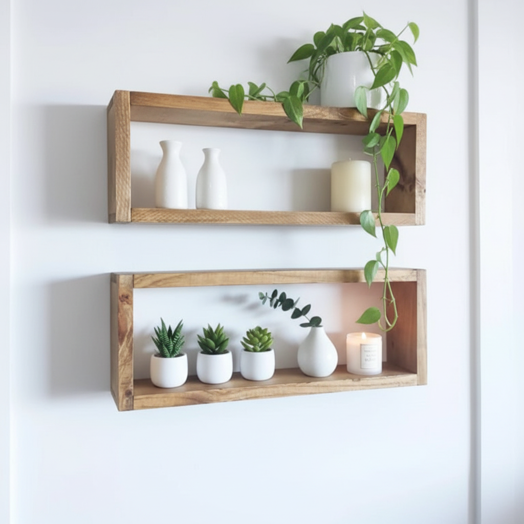 Medium Wooden Box Wall Shelf Set of 2 - Rustic Display Shelves | FRYDECO