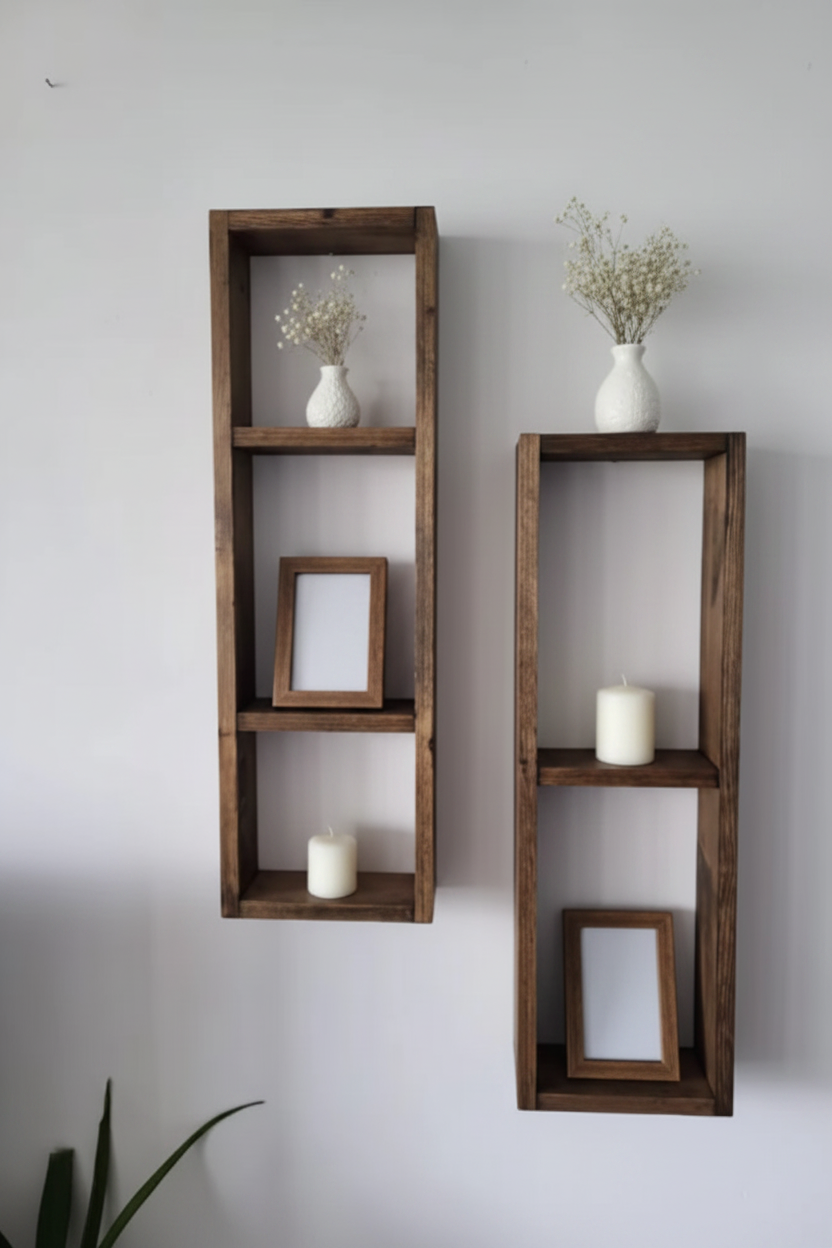 Asymmetric Wooden Wall Shelf Set of 2 - Rustic Plant Shelves | FRYDECO