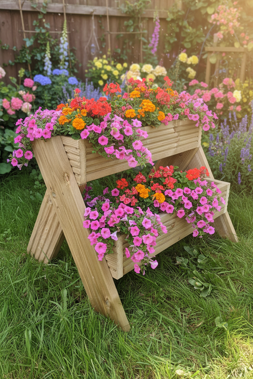 2-Tier Wooden Planter Stand - Garden Plant Display Stand | FRYDECO
