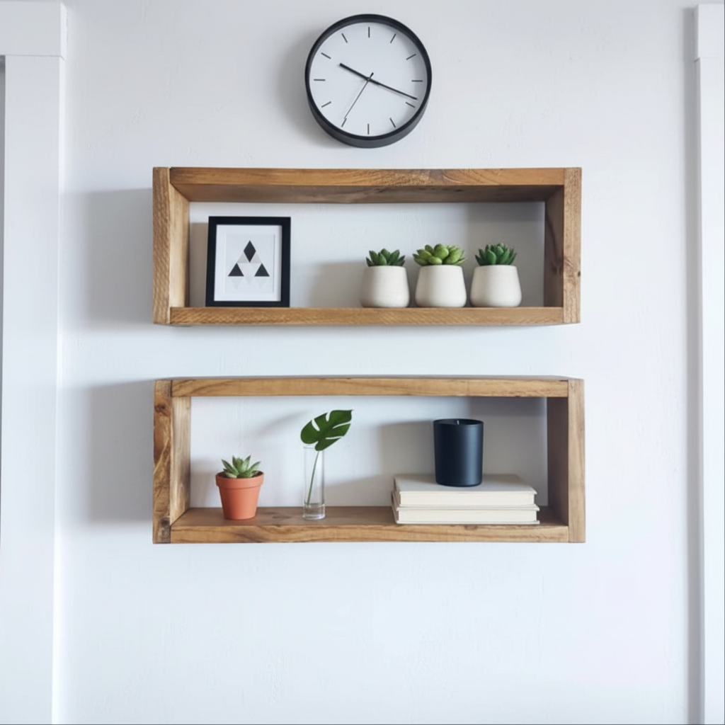 Medium Wooden Box Wall Shelf Set of 2 - Rustic Display Shelves | FRYDECO