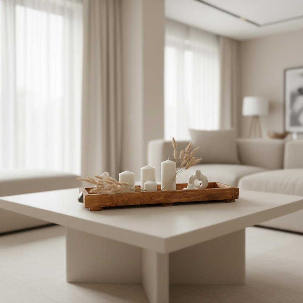 Rustic wooden tray on coffee table with candles